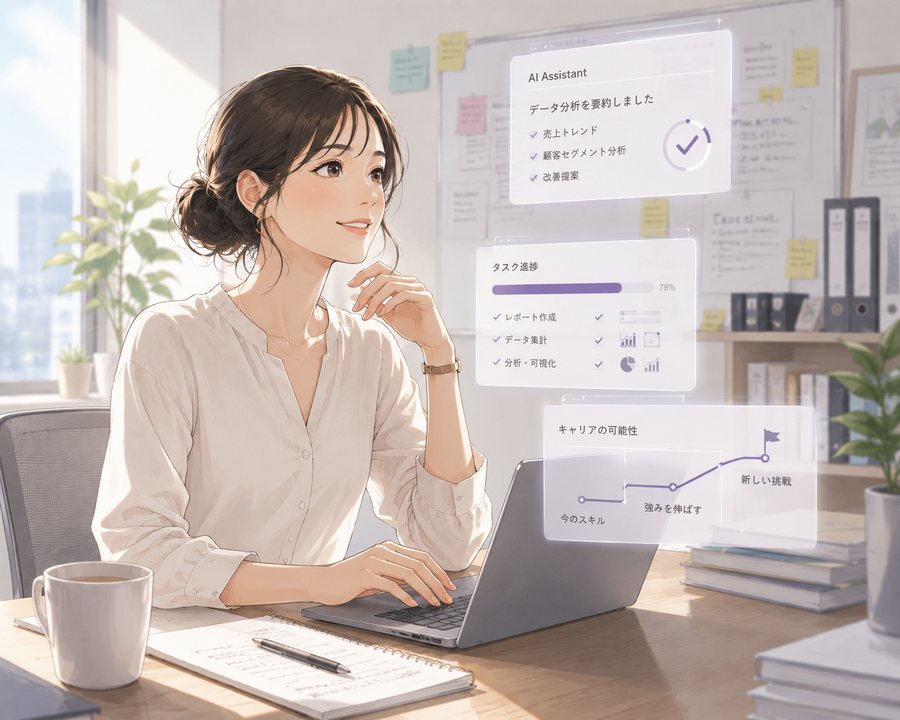 AIアシスタントに仕事を任せて微笑む修了後の私(イラスト)
