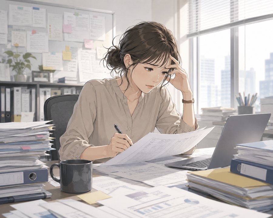書類に追われて手が止まるいまの私(イラスト)